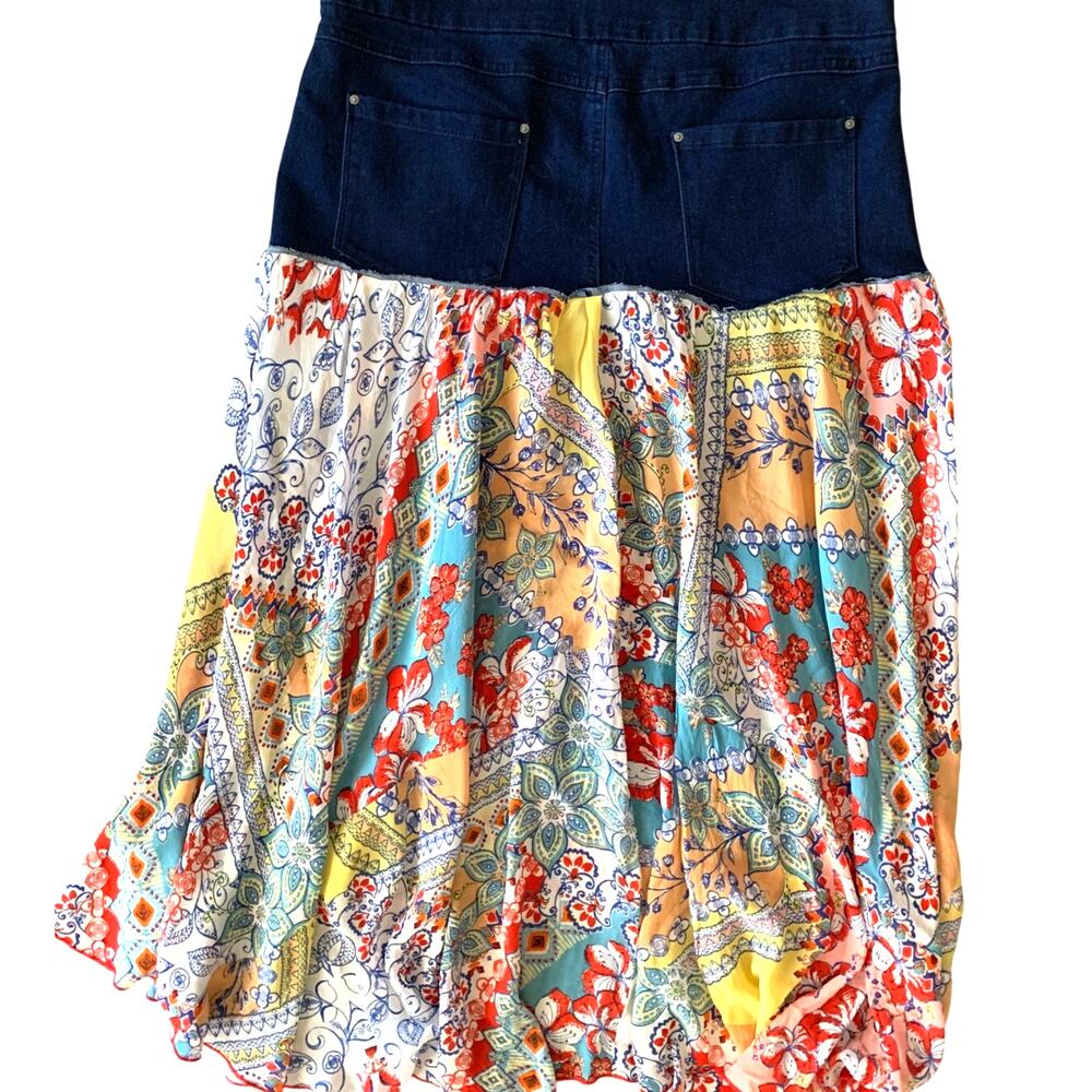Upcycled Jean top Skirt Hi-Lo Hem Paisley Floral Rolled Hem Stretch Waist 12-14 - Picture 6 of 7